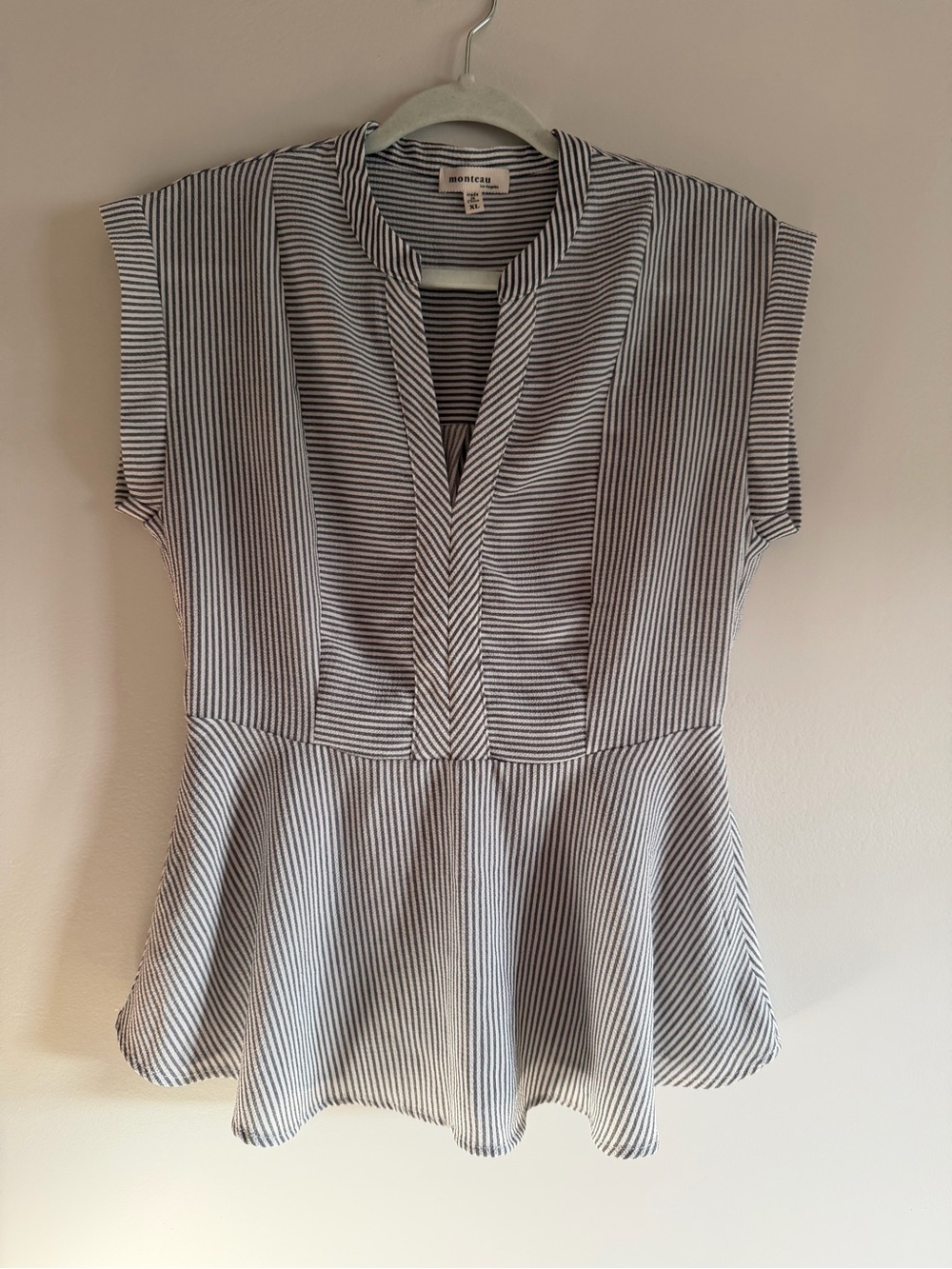 Monteau Black and White Striped Cap-Sleeve Peplum Top
